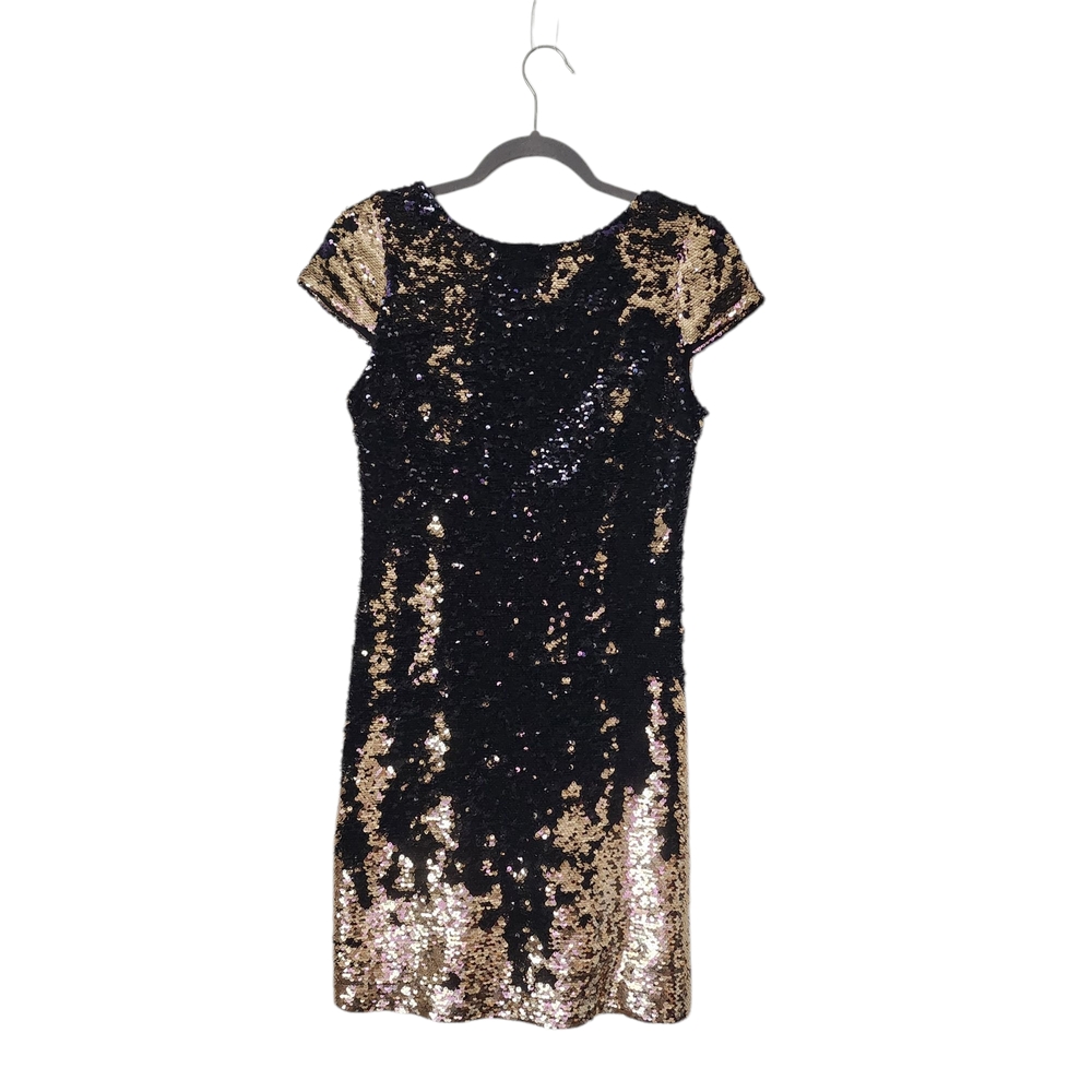 SAM EDELMAN Sequin Dress Cap Sleeve Open Back Color Shift Black Gold‎ NEW 4
